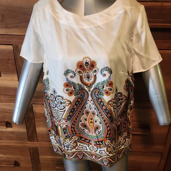 Talbots Cream Graphic Boxy Short Sleeve Blouse - Picture 1 of 5